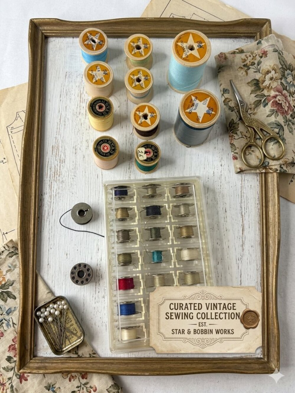 Vintage Star‎ Thread Spools Lot Wooden Spools Metal Bobbins w/ Case Sewing Craft